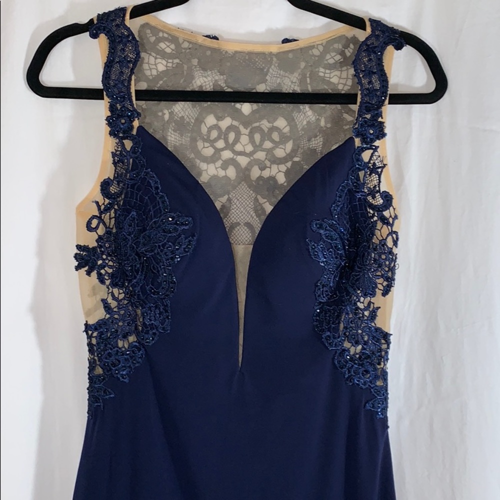 Jovani Plunging Illusion Navy Dress